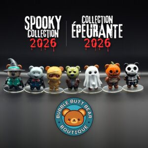 spooky-complete-set-bilingue Spooky Collection 2026 / Collection épeurante 2026 — Wizard, Dracula, Mummy, Frankenstein, Ghost, Pumpkin and Skeleton bear figurines